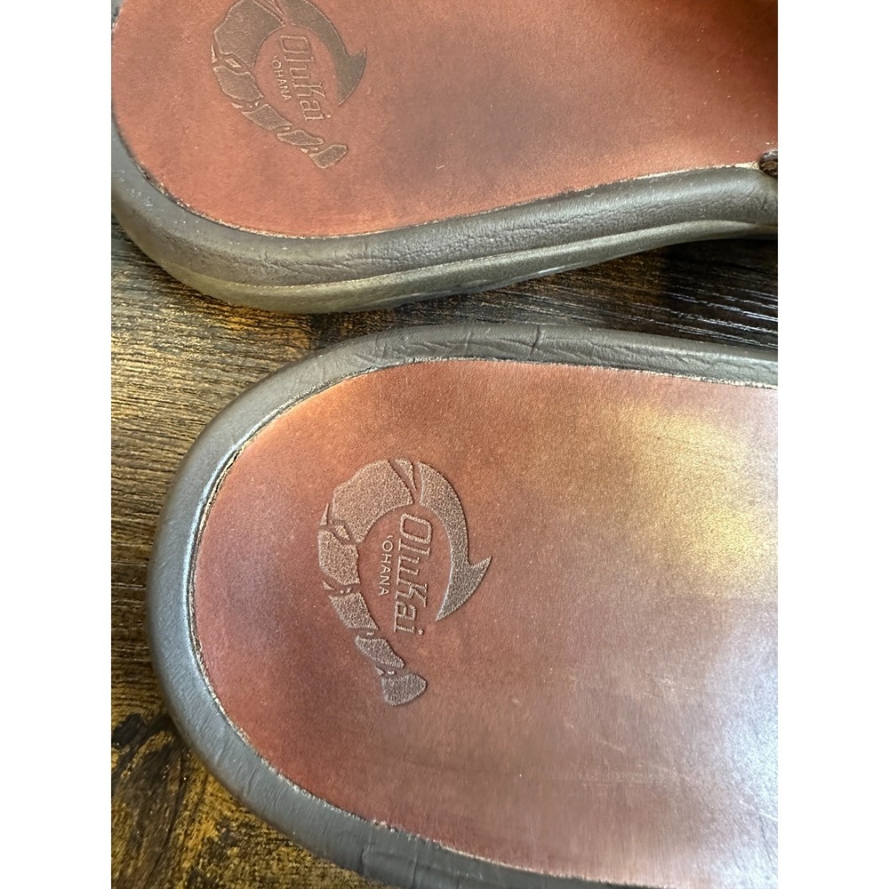 OluKai Ohana Leather Slide Mens 14 Brown Dark Wood Sandals 10137-4848 EUR 47 - Picture 5 of 14